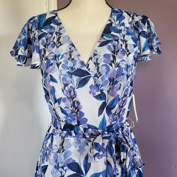 NWT Eliza J Blue Floral V-Neck Flutter Sleeve Ruffle Waist Tie Formal Maxi Dress - Picture 5 of 16